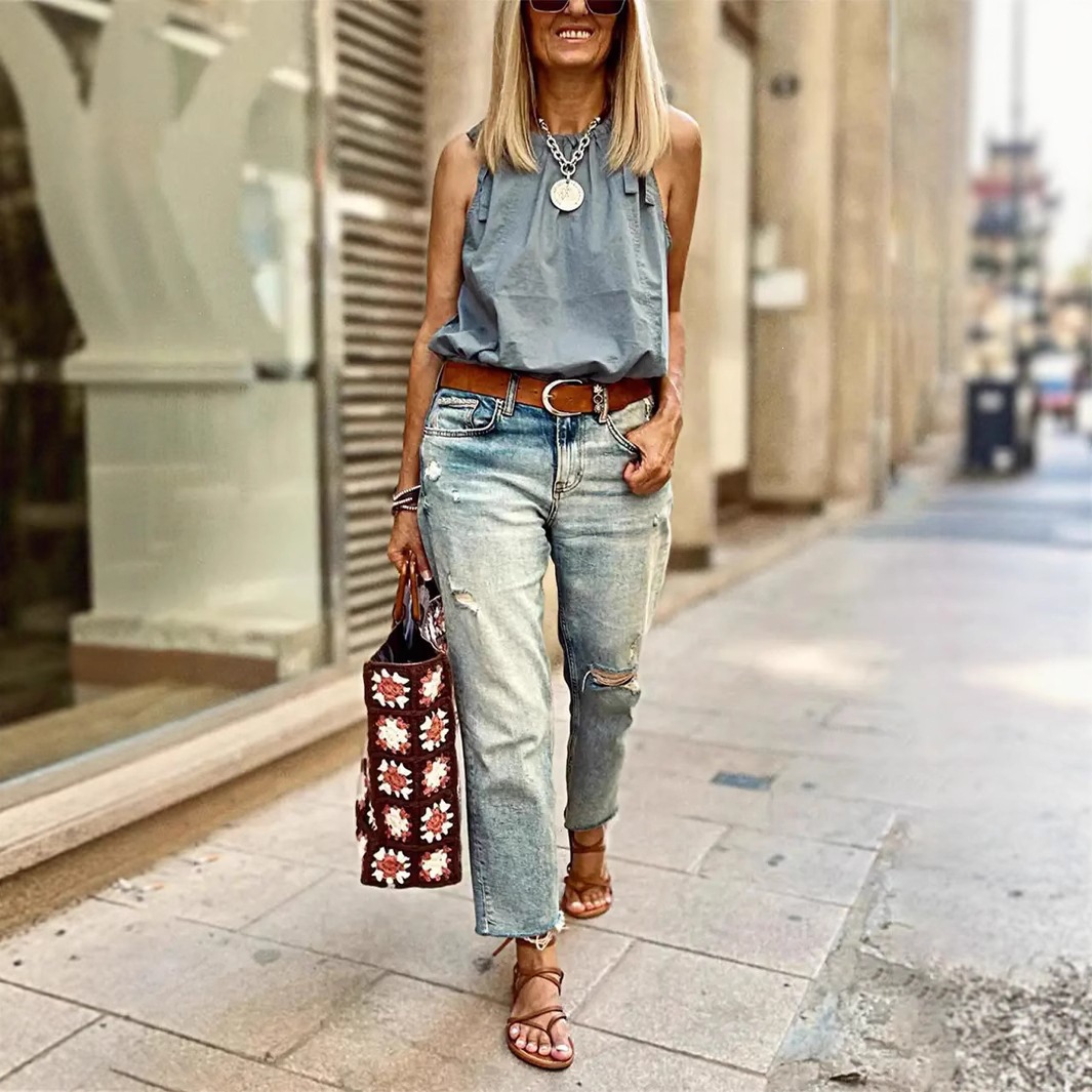 Jeans de Pierna Ancha para Mujer de Denim de Algodón Elástico y Cintura Alta para Uso Casual