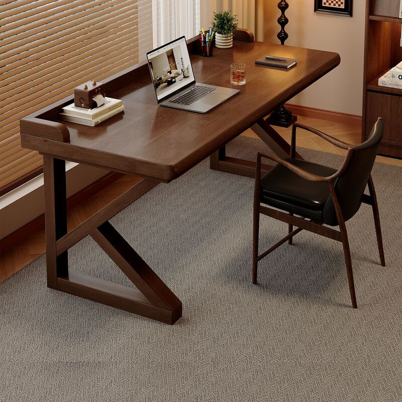 All-solid wood desk, home computer desk, 2026 new model, mid-century style, with a guardrail, long office desk, double workbench All-solid wood desk, home computer desk, 2026 new model, mid-century style, with a guardrail, long office desk, double workbench