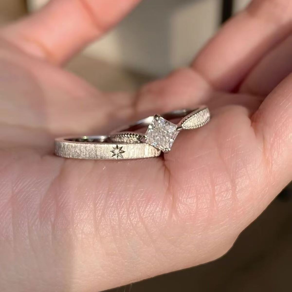 New Vintage Brushed Princess Cut Diamond Ring for Women, Retro High-End Square Ring, Light Luxury Niche Design, Versatile