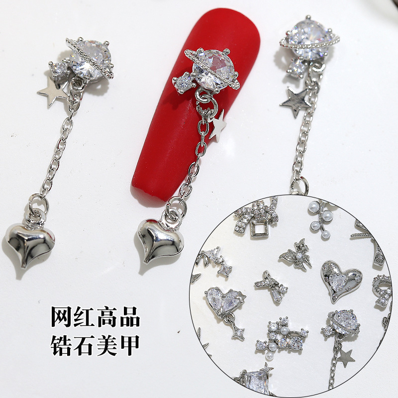 New Nail Art Zircon Wholesale Light Luxury silver Love Diamond Bow Pendant Star Mans Tassel Nail Decoration Accessories