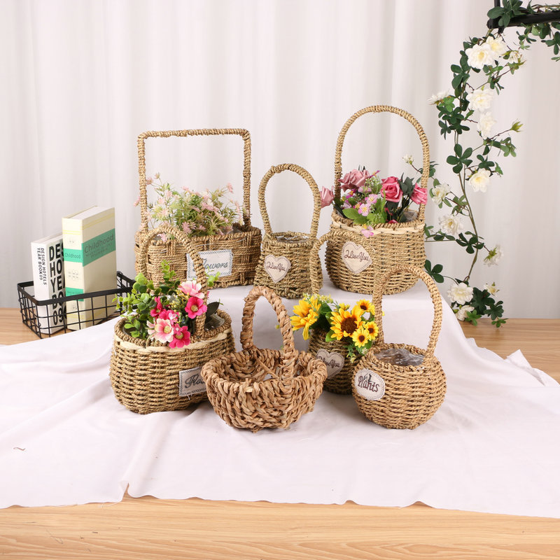 Cesta de Flores Tejida a Mano de Hierba Natural, Decorativa, para Arreglos Florales y Fiestas