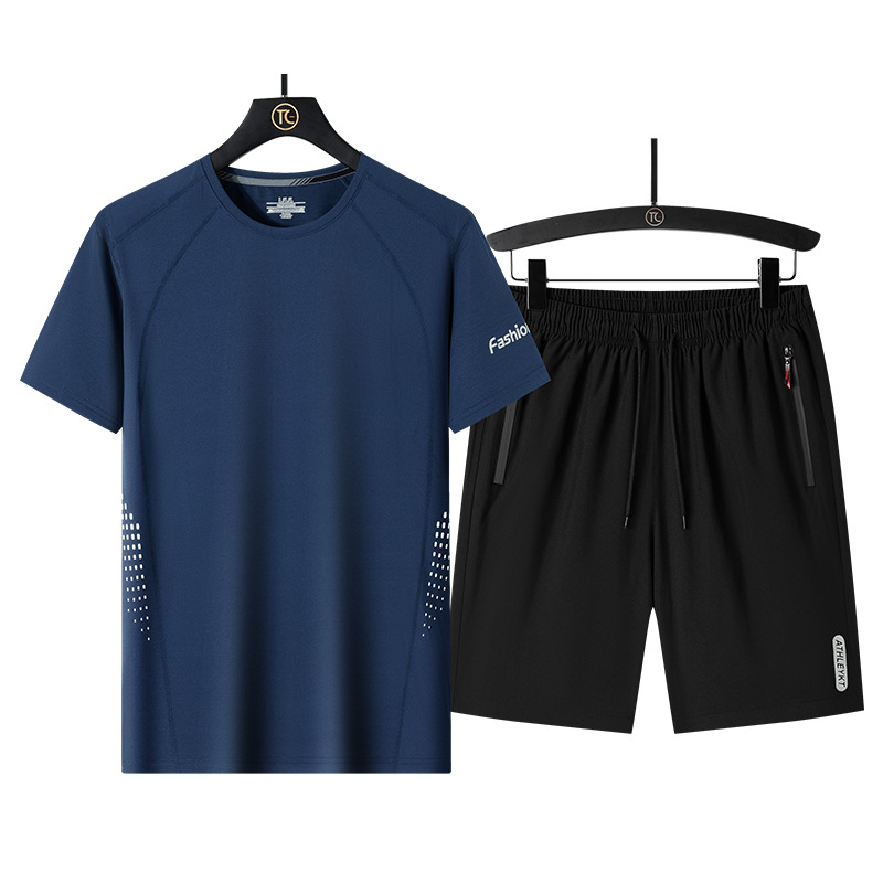 Traje deportivo de verano para hombres delgado seda de hielo casual manga corta dos piezas grandes pantalones sueltos transpirables rápidos secos para papá