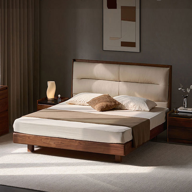 North American Black Walnut Solid Wood Mid-Century Style Leather Upholstered Bed Scandinavian Simple Master Bedroom Double Bed