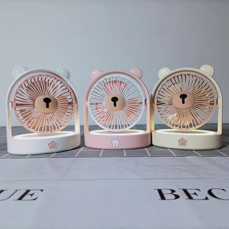 Summer New Cute Bear Ear Desktop Fan Atmosphere Light USB Night Light Fan Student Dormitory Bedside Lamp Portable