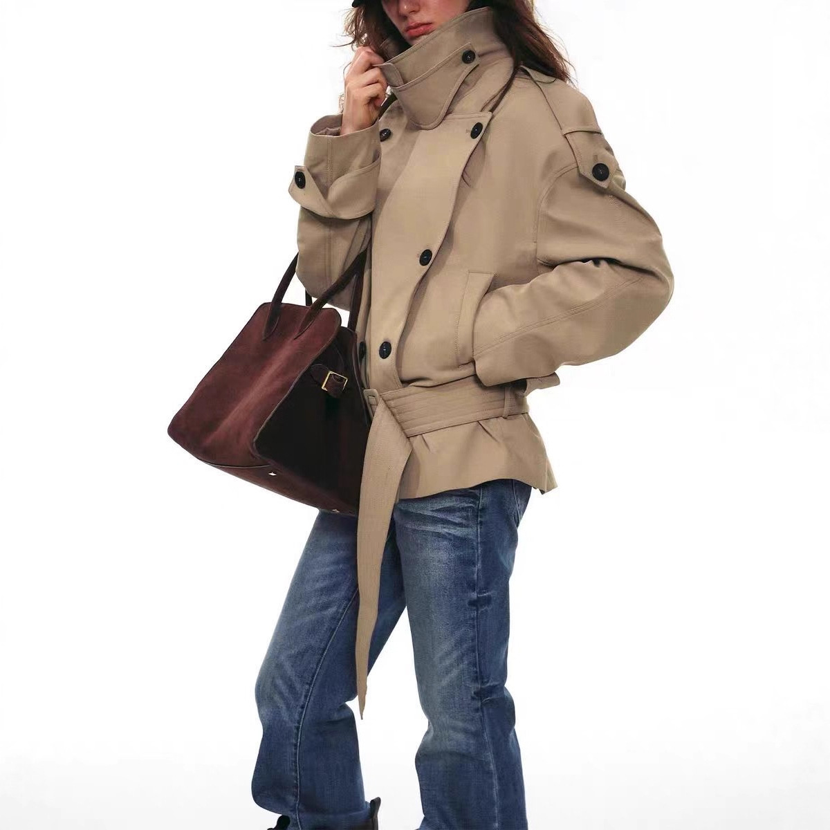 Correct Version 25Aw French Retro Large Stand-Up Collar Wide Shoulder Short Double-Breasted Waist Windbreaker Jacket for Women