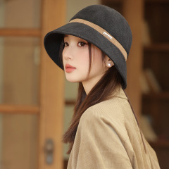 秋冬时尚帽子女款休闲百搭灯芯绒渔夫帽复古保暖盆帽大头围显脸小