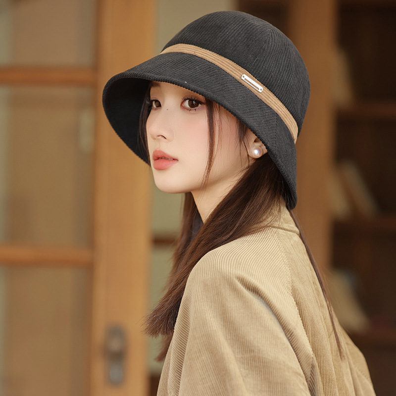 秋冬时尚帽子女款休闲百搭灯芯绒渔夫帽复古保暖盆帽大头围显脸小|undefined
