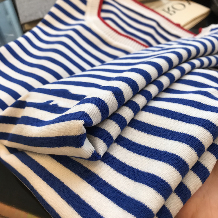 This Y must be purchased! Refreshing blue and white striped loose round neck/V-neck Sea Spirit shirt sweater T-shirt women's summer thin