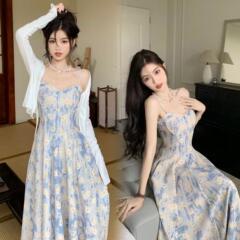 フレンチブルー油絵花柄サスペンダードレス女性のための夏 2025 新しいスタイルウエスト妖精気質ハイエンドロングスカート