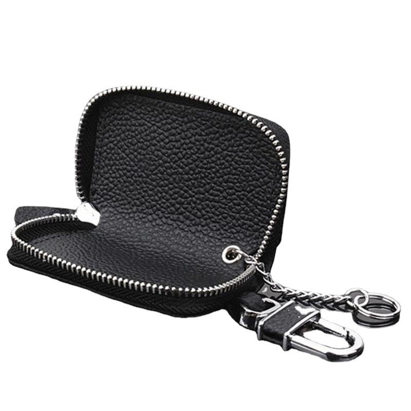 无 Car Key Case Genuine Leather Zipper Remote Key Protector Black (Car key bag) - black