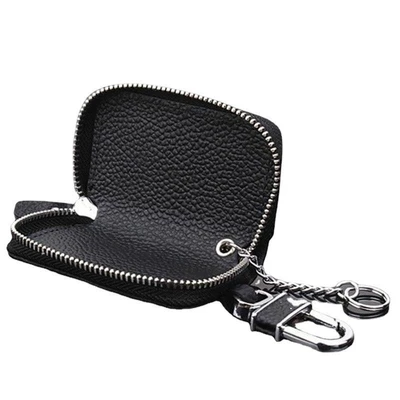 Car Litchi Pattern Head Layer Cowhide Key Case Car Zipper Remote Key Case Key Protective Case Pure Black (Car key bag) - black