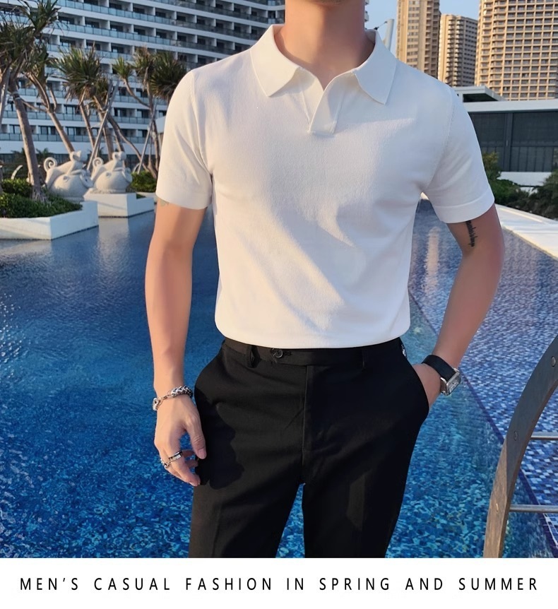 Men's Slim Fit Polo Shirt Silky Cotton Ice Silk Knitted Seagull Collar Short Sleeve Casual Workwear Trendy Sweatshirt_viptrois.com