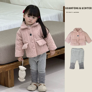 韩版女童甜美套装冬季宝宝夹棉加绒棉服外套婴幼儿加厚百搭打底裤