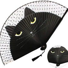 批发烤漆柄喷绘猫咪折扇日本折扇女生卡通龙猫扇子仿丝创意日式工