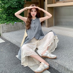 女性用の見事なベストドレススーツ、ユニークで美しいレースのワイドレッグパンツ、夏のツーピースセット、人気のスタイル