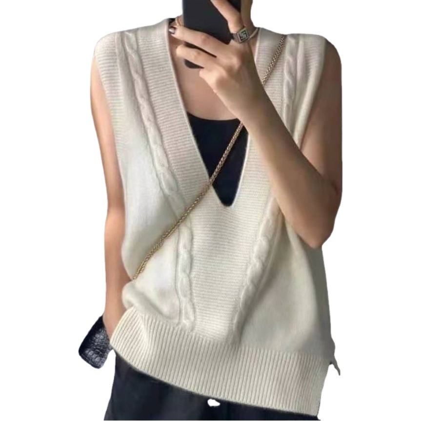 Otoño de las nuevas mujeres con cuello en v chaleco suelto más tamaño suéter de punto estilo coreano lana peinada chaleco torcido