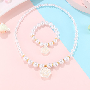 Cross-border New Children's Pearl Necklace suit Style Camellia Bracelet Sweet All-match Girls' Jewelry suit