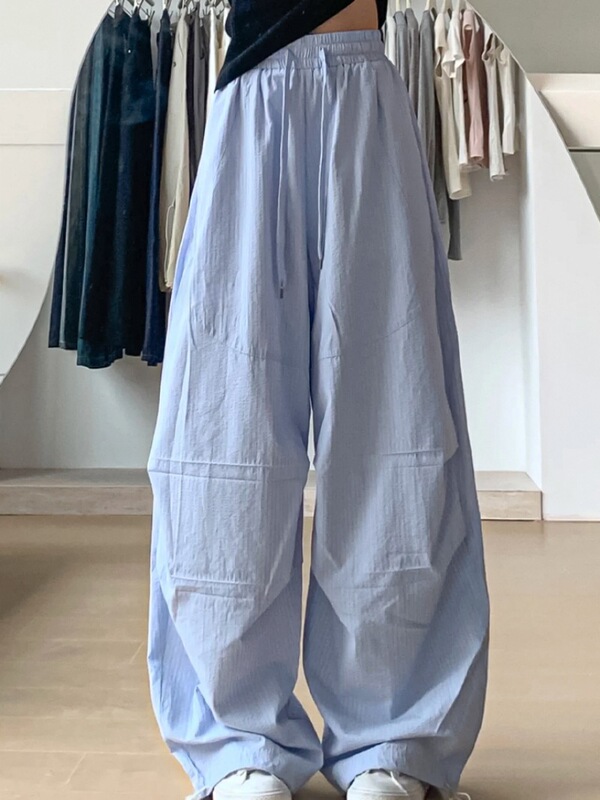 黄色条纹阔腿裤子女2025秋季新款高腰宽松显瘦慵懒垂感休闲工装裤|undefined