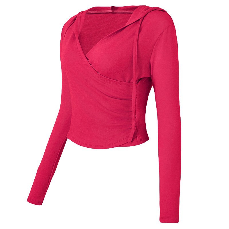 Cross-border V-neck Yoga Suit Women's Autumn and Winter Hooded Slim-fit Pilates Training Sports Top Running Fitness Suit Long-sleeved