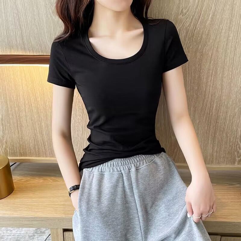 Threaded Cotton Short-Sleeved T-Shirt for Women U-Neck 2023 Summer New Elastic Round Neck Versatile Slim Elegant Slim Top for Women