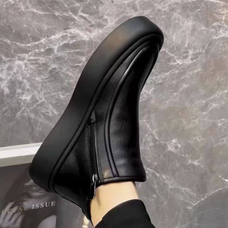 Bốt Martin nam cổ cao kiểu Chelsea da thật lót bông giữ ấm, gót thấp 1–3 cm — Màu đen cotton, Màu đen đơn chi tiết 10
