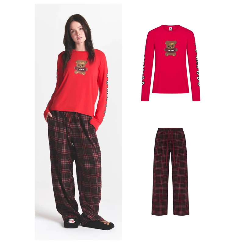 Skims Kardashian Christmas Limited Pajamas Set Long-Sleeved Pants Home Wear Set Drawstring Straight Casual Pants