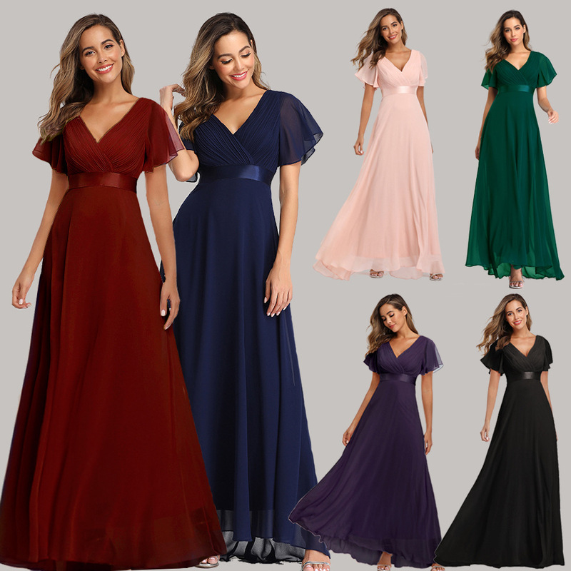 European and American Style V-Neck Flared Sleeve Dress 2026 New Chiffon Banquet Bridesmaid Dress Plus Size Evening Gown