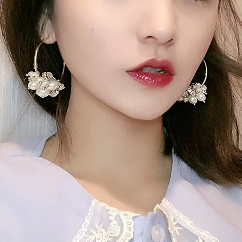 复古欧美亚马逊新款热销度假旅拍耳钉甜美珍珠水钻耳圈耳环