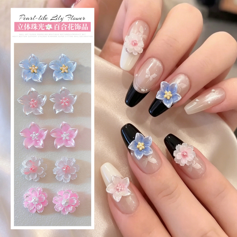 New Pearlescent Lily Flower Nail Art Decorations, Popular on Instagram, Pure Desire Style Pink and White Double-Petaled Hibiscus Flower Nail Decorations