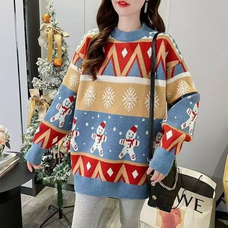 New red Christmas sweater, knitted sweater, snowman design, loose and versatile for autumn and winter, thick knit base layer top New red Christmas sweater, knitted sweater, snowman design, loose and versatile for autumn and winter, thick knit base layer top