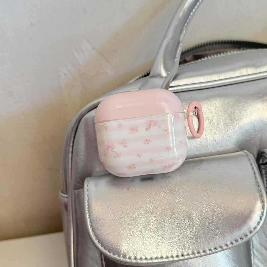 Pequeño polvo fresco a rayas de flores trituradas arco para AirPods pro auriculares cubierta inalámbrica Bluetooth Apple 1 / 2 generación