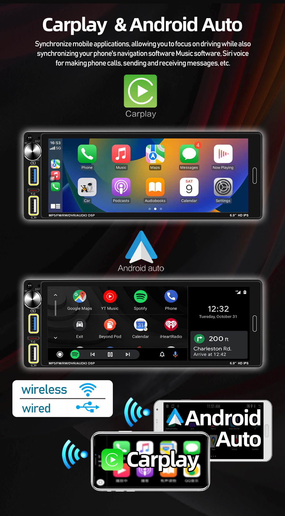 6.9 Inch 12V Single Spindle Wireless Apple Carplayfm Radio Car Bluetooth Mp5 Player 6290W
