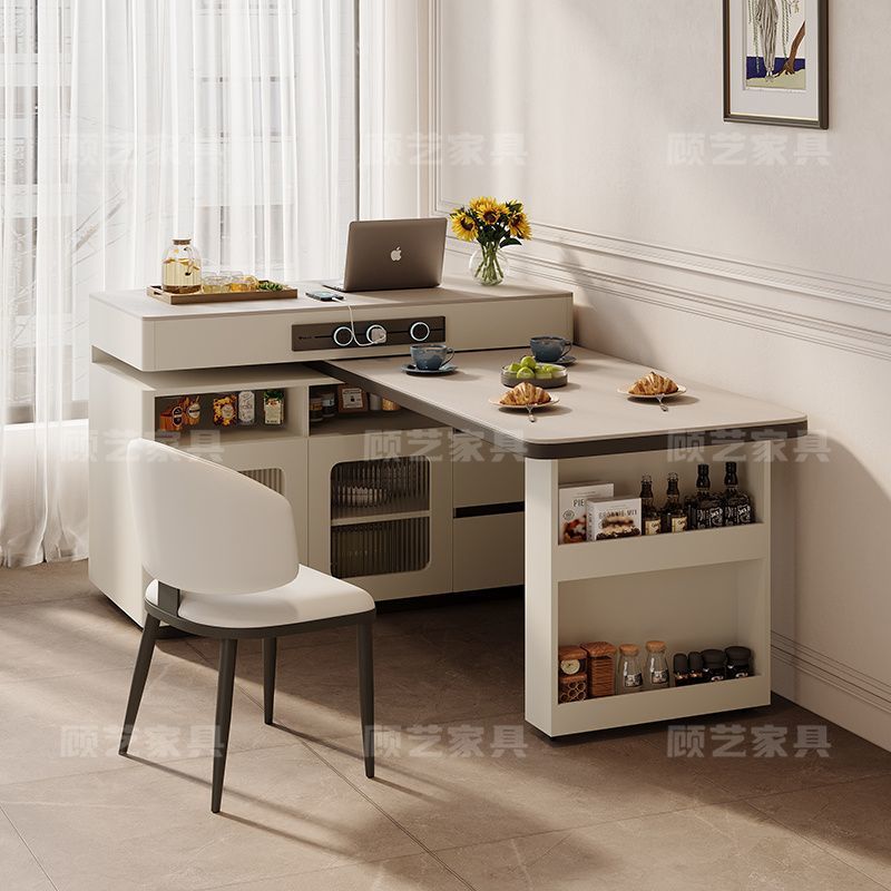 Cream-Style Slate Island Dining Table Integrated Household Small Apartment Multi-Functional Telescopic Rotating Kitchen Bar Tea Table