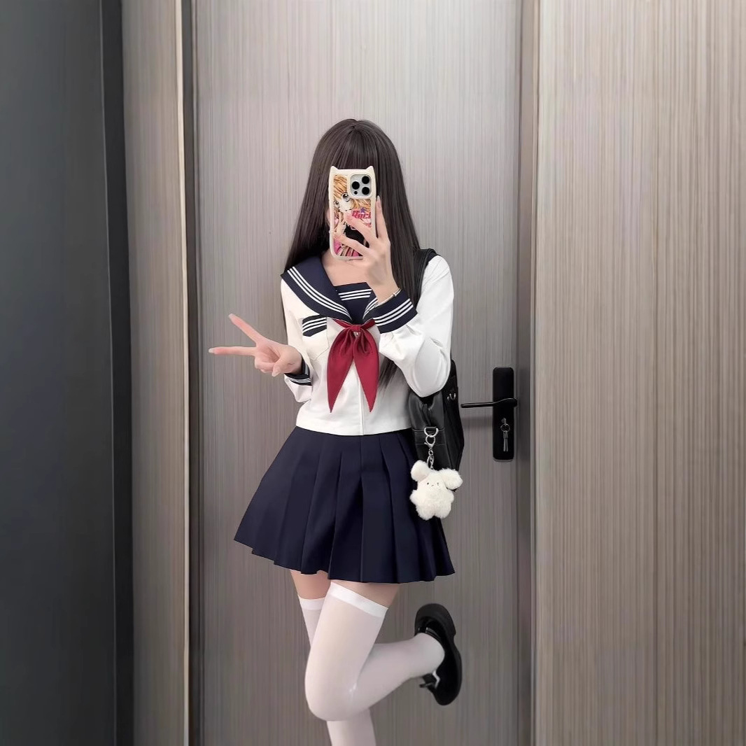 Japanese blue collar white three basic sailor genuine jk uniform skirt long short sleeve school for class clothes college style women