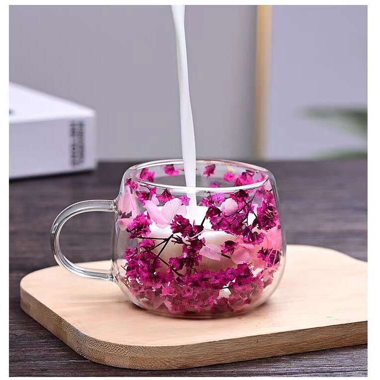 国境を越えたインターネットセレブの本物の花の二重層ガラスの見栄えの良いお土産コーヒーカップ高ホウケイ酸シンプルな丸いドリンクカップ|undefined