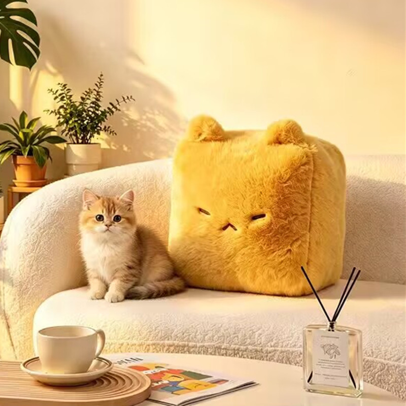 Nosey Bear Lamb Wool Cat-Shaped Moldy Tofu Plush Pillow Cute Cushion Sofa Living Room Decorative Doll Pillow