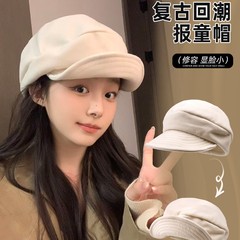 日系复古亚麻褶皱贝雷帽女显脸小新款大头围画家帽子女时尚报童帽