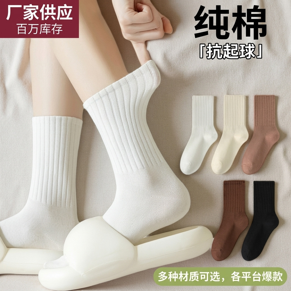 Women's pure cotton mid-calf socks, seamless, odor-resistant, sweat-absorbent, antibacterial, spring and autumn style, versatile slouch socks, white and black long socks