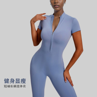 欧美拉链短袖瑜伽连体服女外穿健身运动训练舞蹈一体式连体紧身衣-阿里巴巴