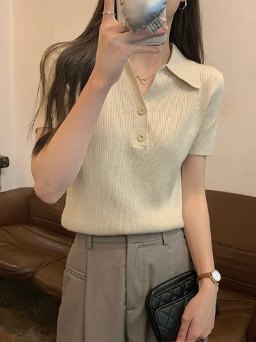 Summer 2025 New Polo Collared Pure Desire Button High-End Design Unique Short-Sleeve Ice Silk Knit Top