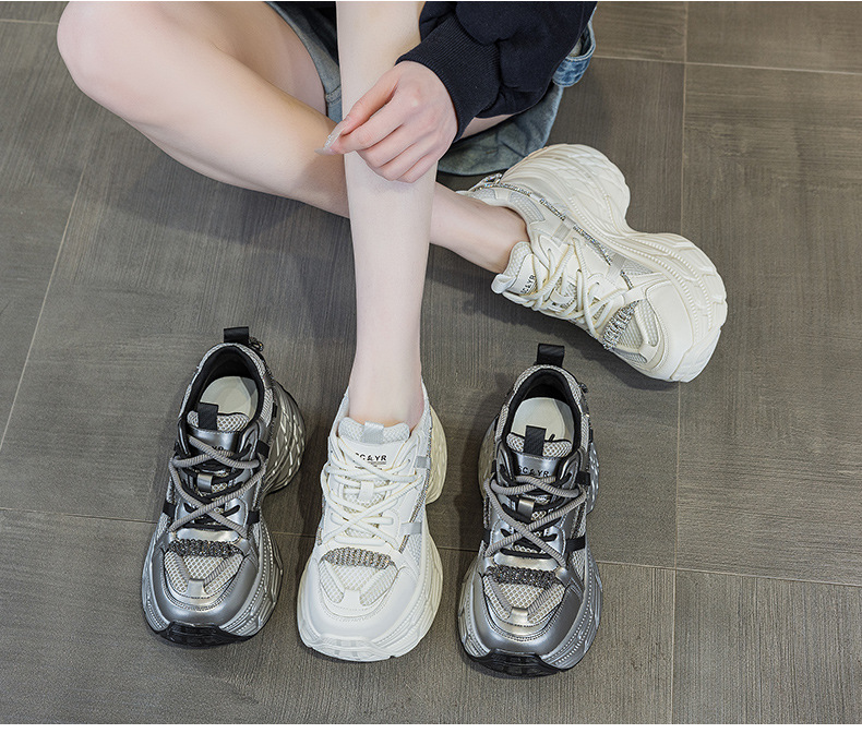 Giày sneaker nữ chunky đế dày phong cách Hàn Quốc, đính đá thời trang, phù hợp người thấp bé — M2803 màu xám, M2803 màu be chi tiết 19