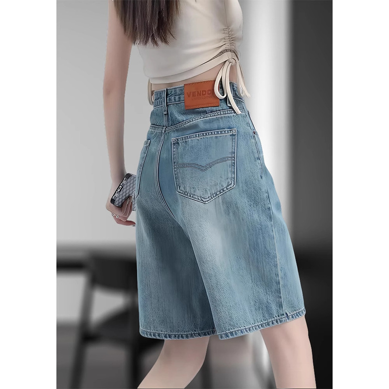 Thin High-Waisted Denim Shorts for Women, Summer Vintage Style, Petite Slimming Mid-Length Pants, Loose Wide-Leg Sports American-Style Five-Point Shorts