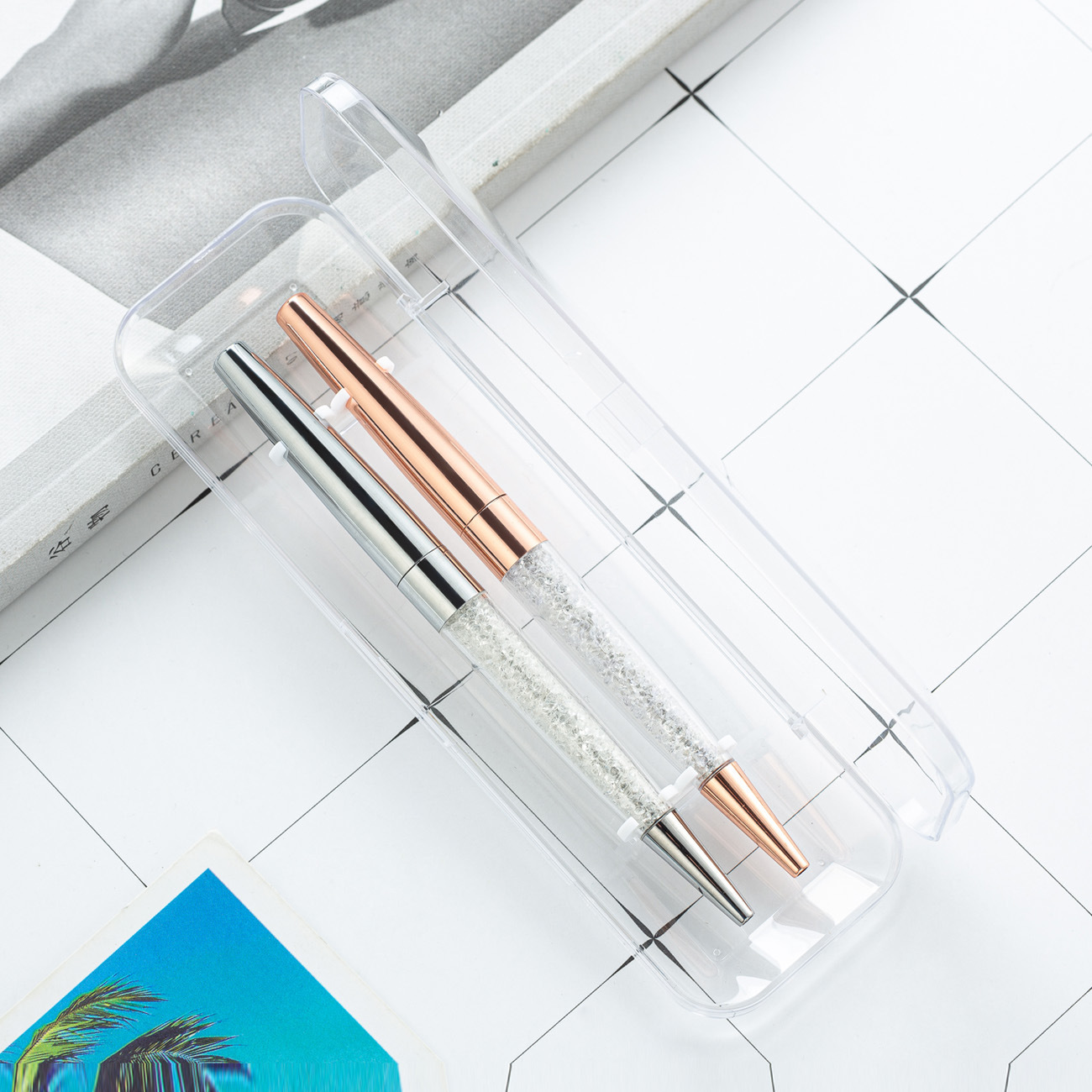 Suministro de stock caja de bolígrafo transparente caja de almacenamiento acrílico plástico caja de bolígrafo de metal impresión logotipo