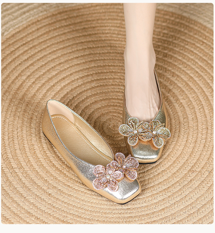 Women's Casual Solid Color Flower Rhinestone Square Toe Flats display picture 3