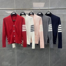 潮流TB新款学院风经典四杠无口袋V领四扣针织羊毛开衫女时尚单品