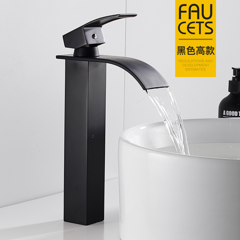Cascada Cuenca del grifo de cobre caliente y fría lavabo mueble de baño negro lavabo de baño cuenca transfronteriza image 8