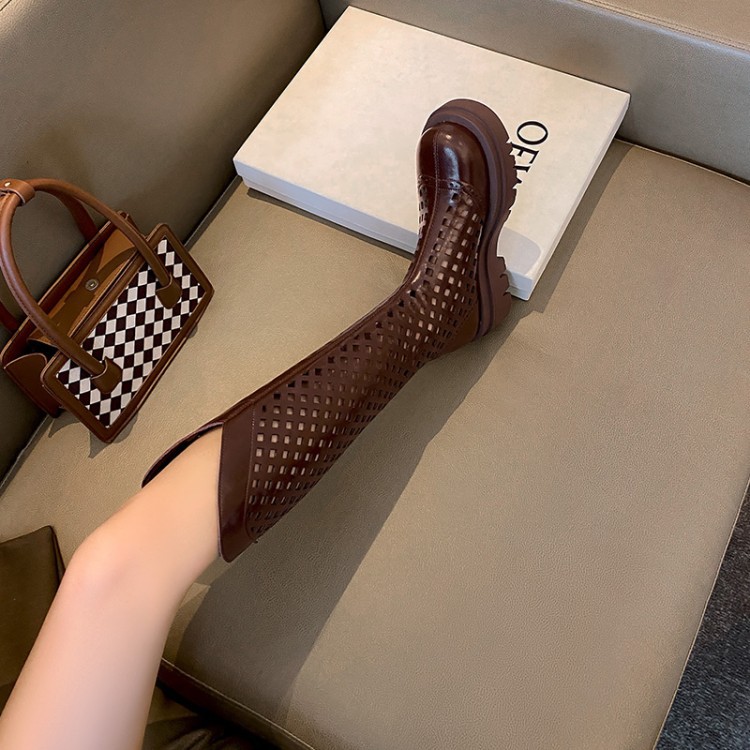 Boot nữ da bò đế dày cổ cao ống lưới — Màu nâu ống lớn, Màu đen cổ ống lớn, Ống nhỏ màu đen, Chu vi ống lớn màu trắng Be chi tiết 27