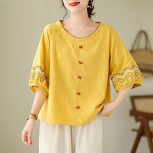 中年妈妈棉麻半袖刺绣上衣文艺复古宽松短袖T恤衫春夏季新款女装