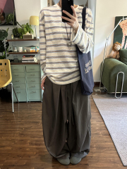 撞色圆领条纹长袖T恤女2025新款韩版宽松慵懒风秋季穿搭薄款上衣
