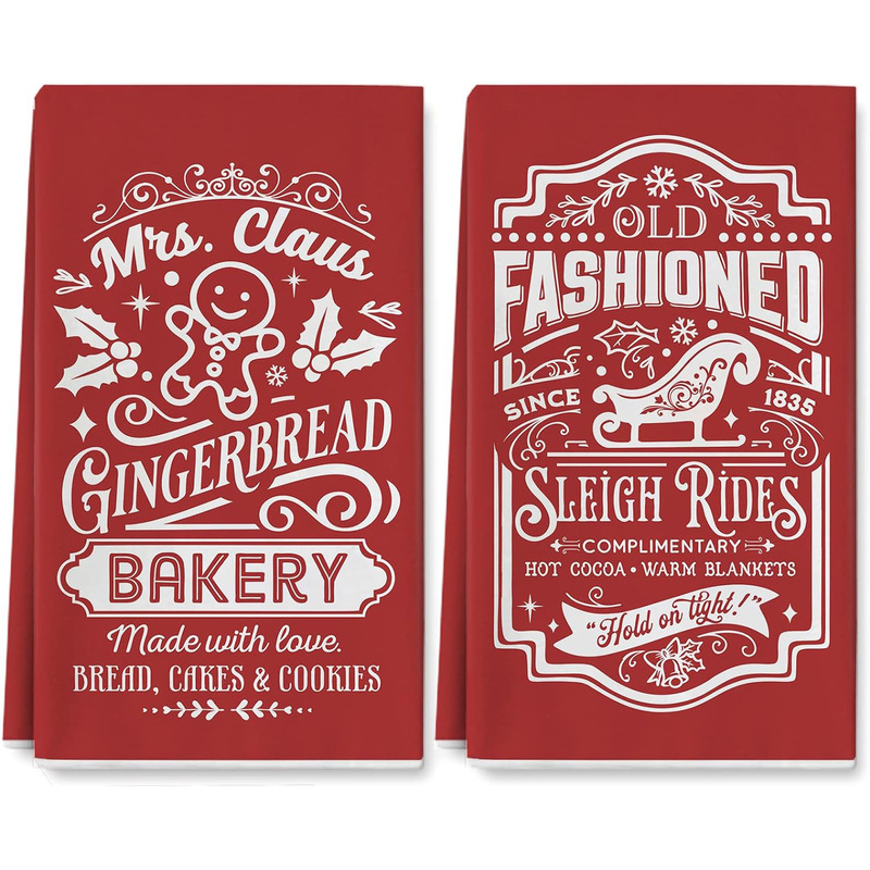 Merry Christmas kitchen towel red farmhouse dish towel gingerbread sled tea towel dry hand towel